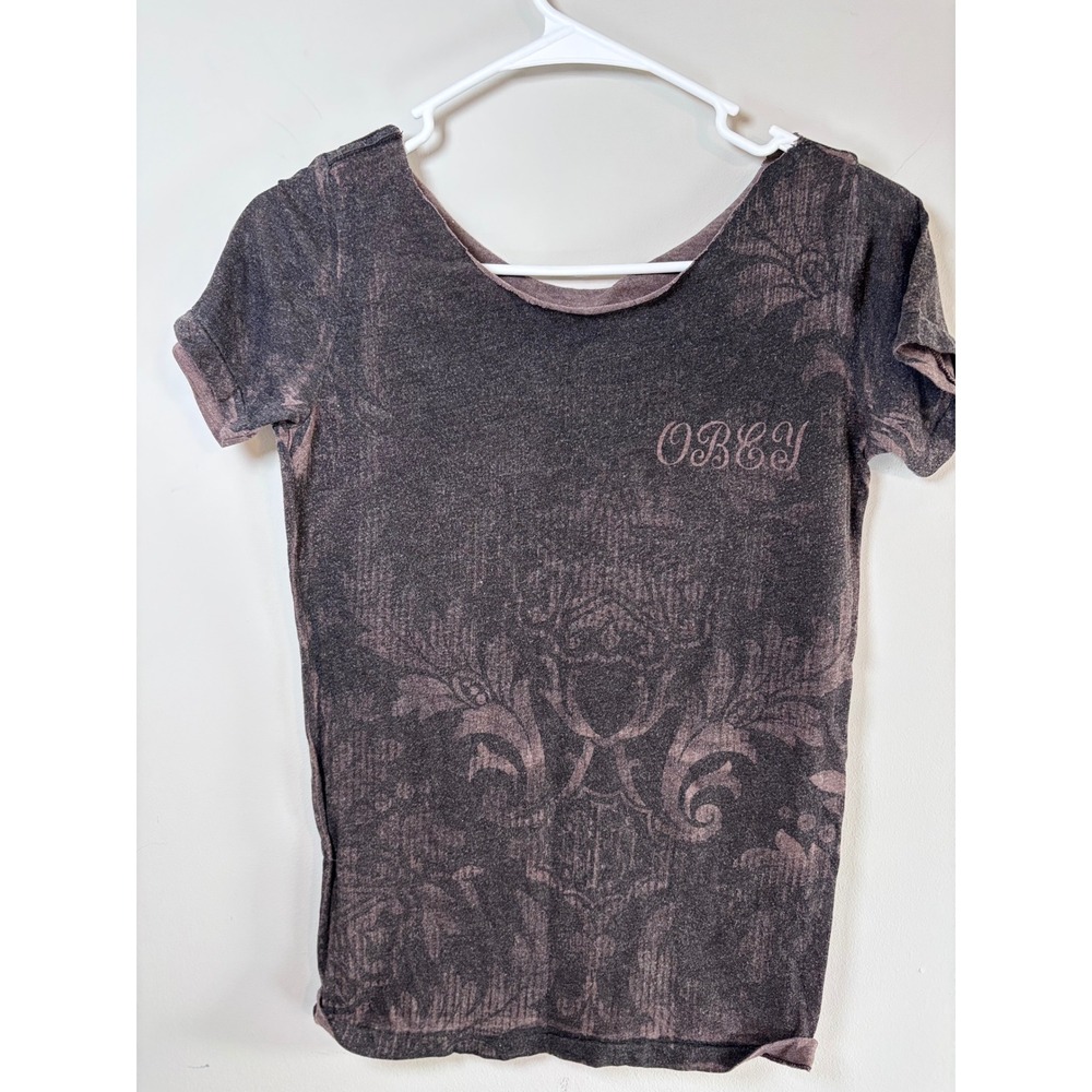 Obey Acid Wash Graphic Tee Charcoal Mauve Damask Floral Scoop Neck T-Shirt